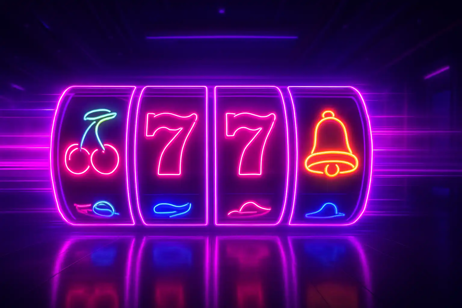 Neon-lit slot machine reels glowing purple and pink inside Westio Casino's lobby